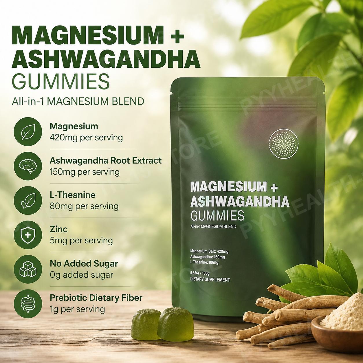 Ashwagandha Extract Root - Magnesium + Ashwagandha Gummies with L-Theanine,
